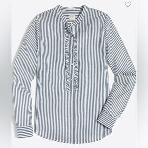 J. Crew Ruffle front popover Blue White Stripe Lightweight Top 100% Cotton L NWT